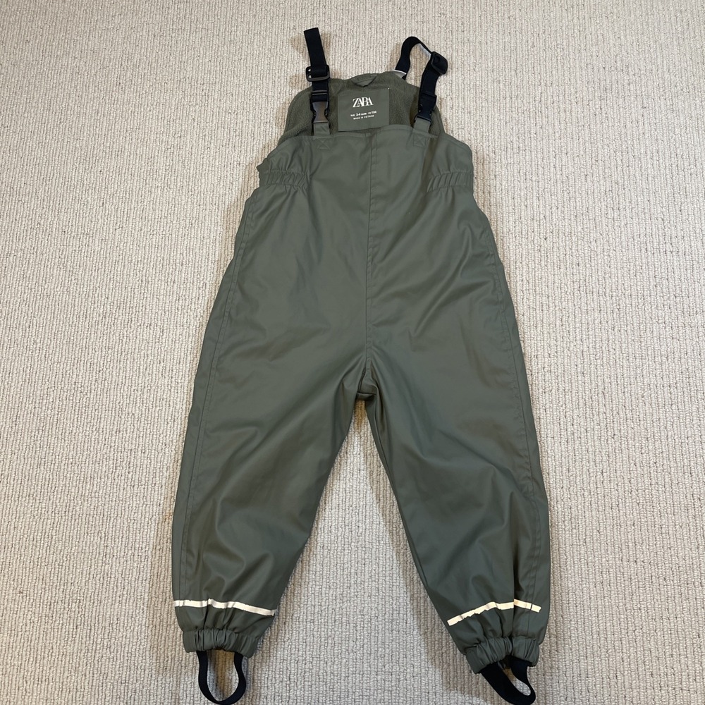 Zara Kids Size 3-4yrs Rubberized Fleece Lined Rain Overalls Green